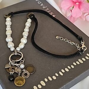 Silpada Suede Sterling Silver Pearl Obsidian Brass Charm Necklace  N1947